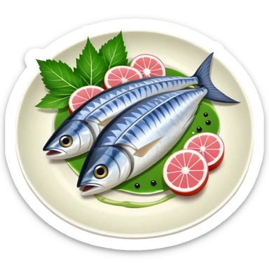 mackerel sashimi on a plate with shiso leaf and wasabi sticker