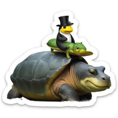 À turtle riding a hippo with a hat behind a peinguin sticker