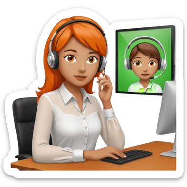 a woman sitting in the office, wearing a blouse and a headset. she is controling the limits on screen. green = ok, orange = am Limit, rot = überschritten sticker