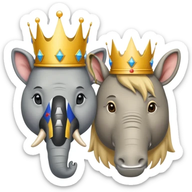 Democratic Party elephant facing Republican Party donkey with face of Donald Trump wearing a crown in between them sticker