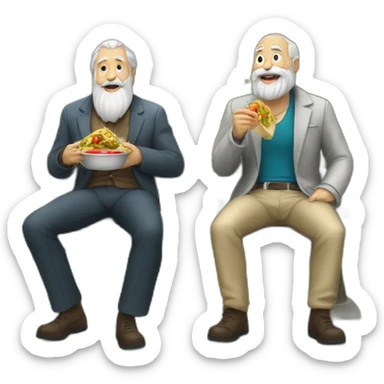 two old beard men eating shawarma on a bench on a park sticker