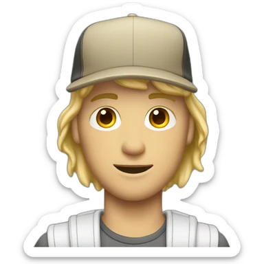 blonde guy wearing a cap with a mac book pro sticker