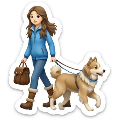 A long-haired girl walking an Alaskan dog sticker