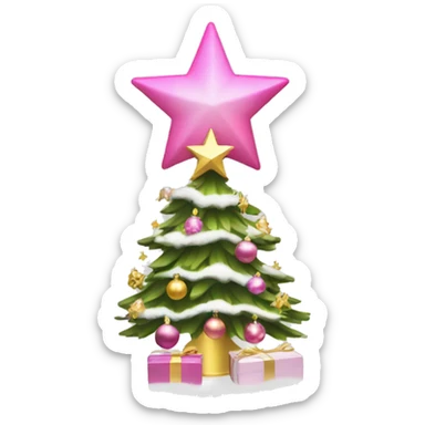 Christmas tree with pink ornaments snow and an angel tree topper in gold sticker