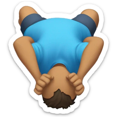 Man is face on the ground looking exhausted, wearing a blue shirt, puddle surrounding his body. sticker