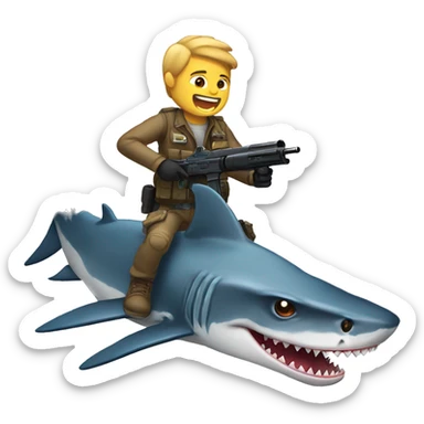 Raptor shooting laser guns while riding a shark sticker