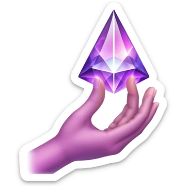 Pov white tone skin hand holding a purple glowing prism refracting light.  Only the hand should be displayed, nothing else.  sticker