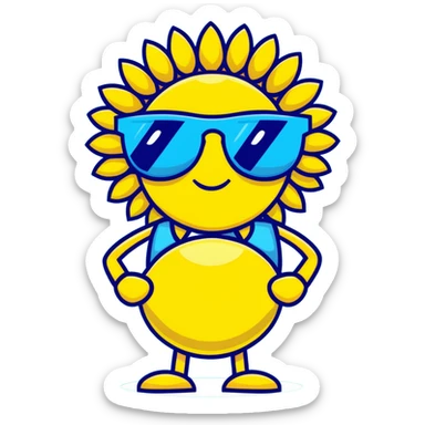 bright pastel yellow sunflower with large sunglasses, grinning proudly while strutting, round body, exaggerated confident face sticker