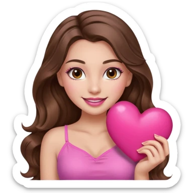 girl with long wavy brown hair, brown eyes, long lashes makeup, sexy pink lips, light to medium complexion, wearing a pink sexy top, smiling, holding a big heart sticker