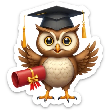 Owl smiling with graduation hat and diploma in claws sticker