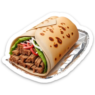 Doner Kebab Cinematic Realistic Doner Kebab Dish Emoji, depicted as iconic, spiced meat wrapped in foil and paper, rendered with lifelike textures and dynamic, appetizing lighting. sticker