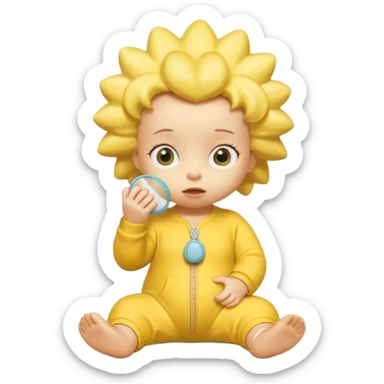 A 3D cartoon baby character entirely yellow, styled like Maggie Simpson, with pacifier, yellow onesie, big eyes, smooth shading, Memoji-style rendering, consistent with other yellow Simpsons characters. sticker