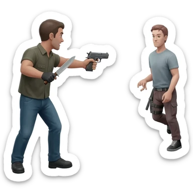 A emoji thats holding a gun and a knife while theres another emoji far away and the emoji with the gun and knife points the gun at the emoji with nothing and the emoji with the gun and knife is ready to throw the knife sticker