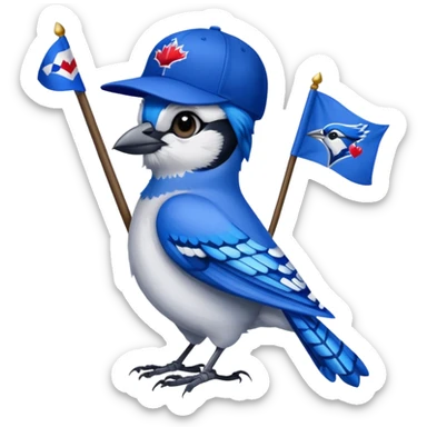 blue jay with MLB blue jay baseball hat, holding flag with name Carolyn on flag sticker