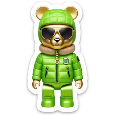 blocky bearbrick figure with cube-shaped head, lime green balaclava with integrated mirrored visor lens, Gucci logo patterned puffer jacket with lavish fur collar and cuffs, luxury statement piece, gold chains sticker