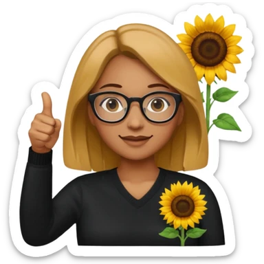 Make my biology teacher shes light brown, wears glasses, female, fat, all black sweater down and sunflower shirt under and make her give 1 thumbs up sticker