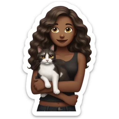 long wavy haired brown skin woman holding black and white cat sticker