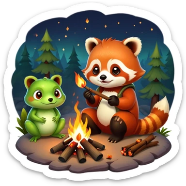 Red panda and frog at a campfire  sticker