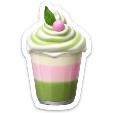 matcha latte with small dollop of pink whipped cream on top. no straw or handle  sticker