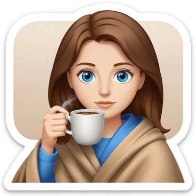 Brown hair with blue eyes lady wearing light brown blanket drinking coffee  sticker