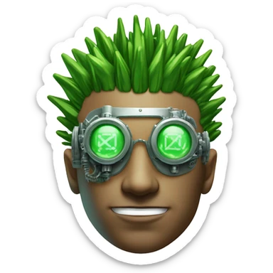 Green Mohawk hair male cyborg head with white steampunk goggles and circuits sticker