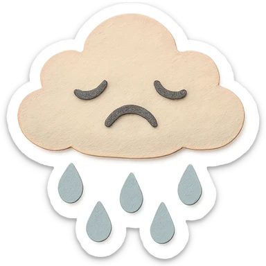 cute rain cloud, sad face, soft blue raindrops, soft pastel palette, no arms or legs, full body, paper craft style sticker