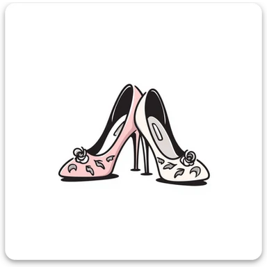 a pair of women's high heel shoes with elegant details, pastel colors dd9fb0, ffc6d3, a3bfc9, c4bee2, f1b091, detailed hand-drawn doodle style sticker