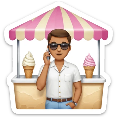 a man standing behind an ice cream stand. he is talking on his phone sticker
