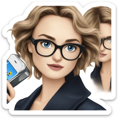 Photo of elegant Keira Knightly wearing black glasses and blue eyes holding on phone  sticker