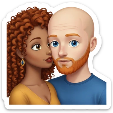 Bald white male with ginger beard and blue eyes kissing indian brown woman with jet black curly hair sticker