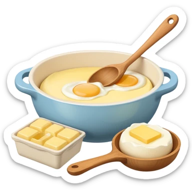 A cream ceramic baking bowl with a wooden spoon in it, next to it is a carton of eggs and butter sticker