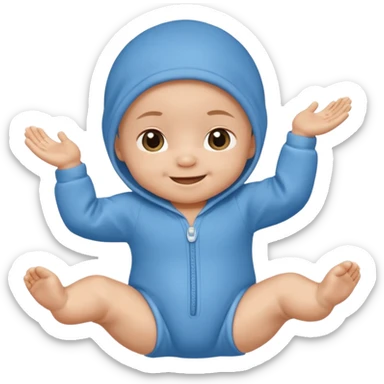 A smiling newborn baby wearing a blue onesie, moving its arms and hands. sticker