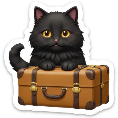 Black fluffy cat carrying suitcase in sunny place sticker
