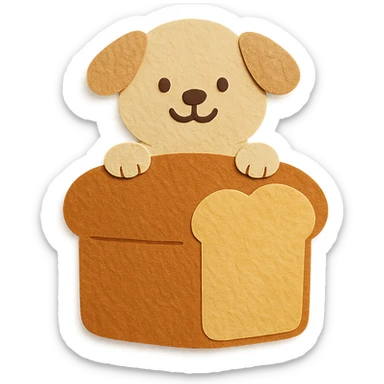 fluffy bread maker dog peeking from a bread loaf, cheerful, warm beige, full-body sticker