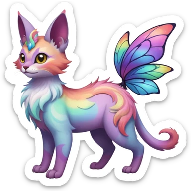 White iridescent with pastel rainbow-gradients-color-markings with swirly patterns butterflies  faerie-Noivern-Noibat-Purloin-Torracat-Lykoi-Caracal-cat-Fakemon-fusion-hybrid-creature sticker