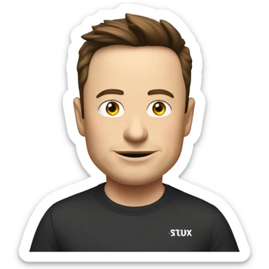 Elon Musk wearing a t-shirt that has the brand name: "StudX". sticker