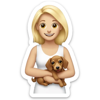 smiling blonde girl with marble dachshund in her arms sticker
