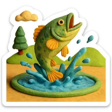 bass jumping out of a pond with water splashes, playful and colorful, claymation style sticker