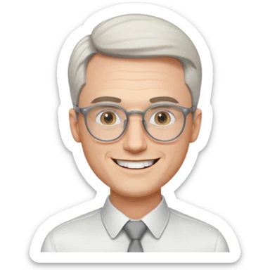 30 yr old pale white man, white/grey side swept stylish hair, round glasses, big smile, white teeth, handsome, longer hair, thin glasses, white dress shirt, smooth forehead, botox sticker