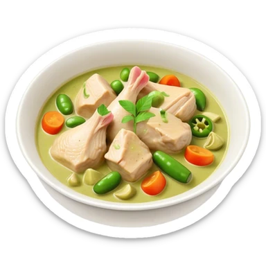 Green Chicken Curry Cinematic Realistic Green Chicken Curry Dish Emoji, depicted as tender chicken chunks simmered in a fragrant green curry sauce with vegetables, rendered with vivid textures and dynamic, vibrant lighting. sticker