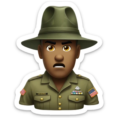 drill sergeant character wearing a classic sergeant hat and a camouflage army shirt. The character should have an angry intense expression. full torso sticker
