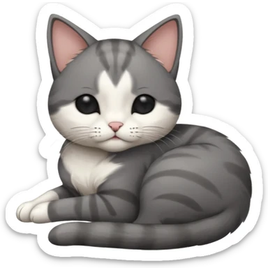 dark grey and white small cat with his eyes closed leaning his head on his paw while leaning on his elbow lying down sticker