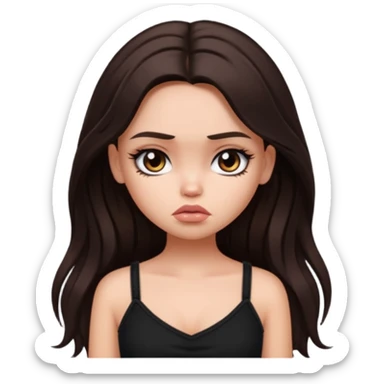 generate a pretty fair bratz girl with long dark brown hair looking sad. Wearing a black cami sticker