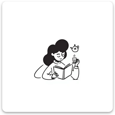 A person comfortably reading a book with a cup of tea nearby sticker