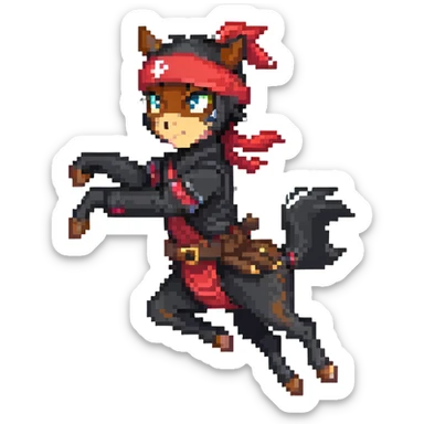 Ninja horse jumping in action, red headband, black outfit sticker