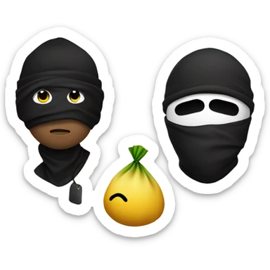 Robber Emoji with a black beanie, black eye mask with holes for his eyes, and a money bag emoji over his shoulder sticker