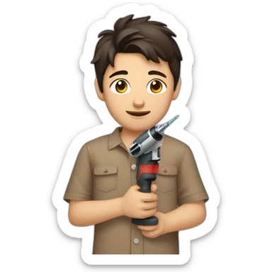 short dark hair white young boy in brown button up shirt with a tshirt under holding a drill and wood sticker