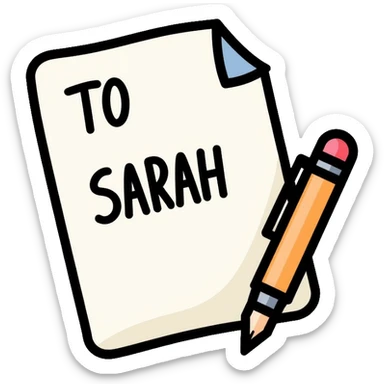 a paper letter with "TO SARAH" text written at the top of the letter, with a pen lying next to it sticker