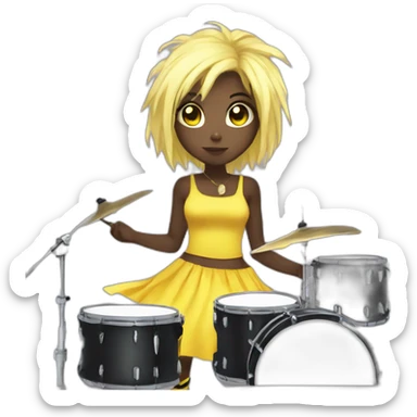cute punk girl in yellow dress dark skin with yellow eyes and dark curvy hairs drummer anime style sticker