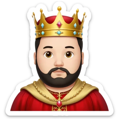 Bearded King, young fat king with short black beard, wearing crown, half body
 sticker